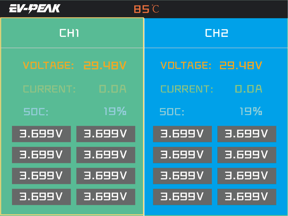 EV-PEAK U3Neo UI split EV-PEAK U3 Neo dual-channel battery monitoring interface