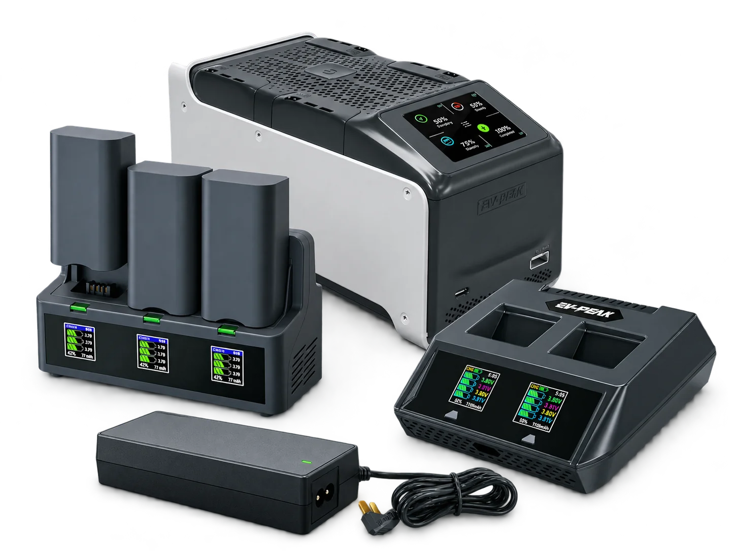 EV-PEAK drone battery charger Historical drone battery charger portfolio from EV-PEAK including smart, multi-bay and OEM charger platforms